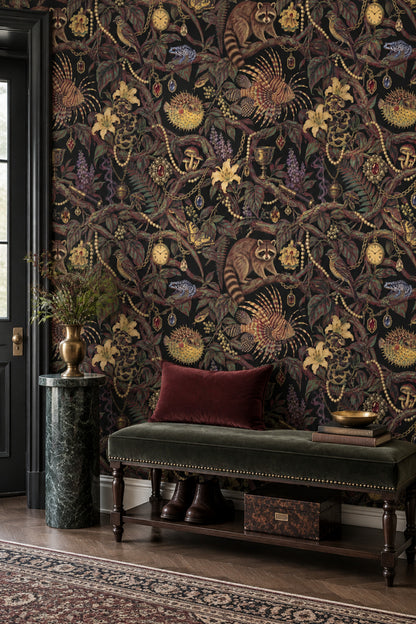 Raccoon And Tropical Animals Wallpaper Maximalist Jewel Tone