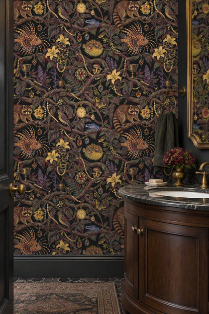 Raccoon And Tropical Animals Wallpaper Maximalist Jewel Tone