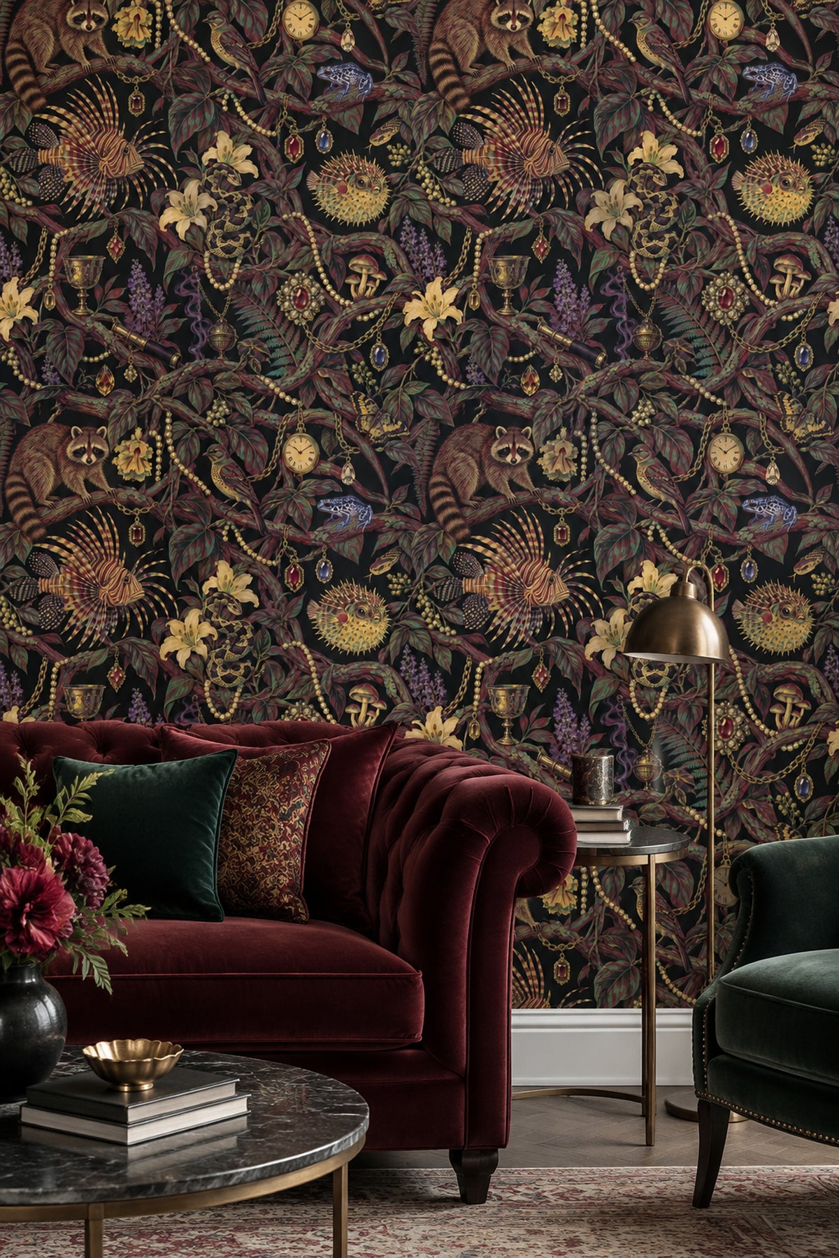 Raccoon And Tropical Animals Wallpaper Maximalist Jewel Tone