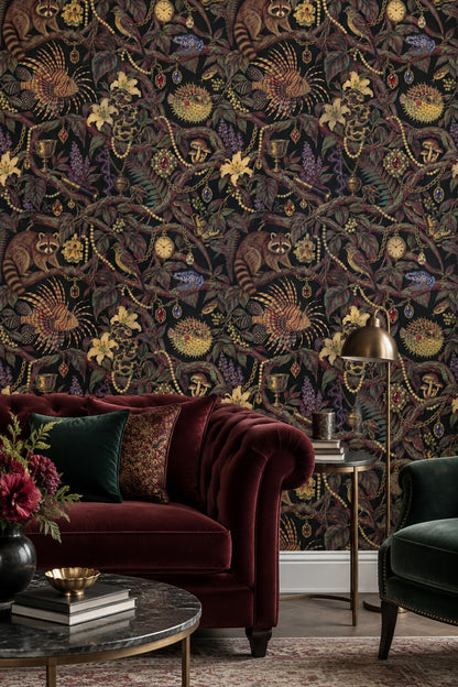 Raccoon And Tropical Animals Wallpaper Maximalist Jewel Tone