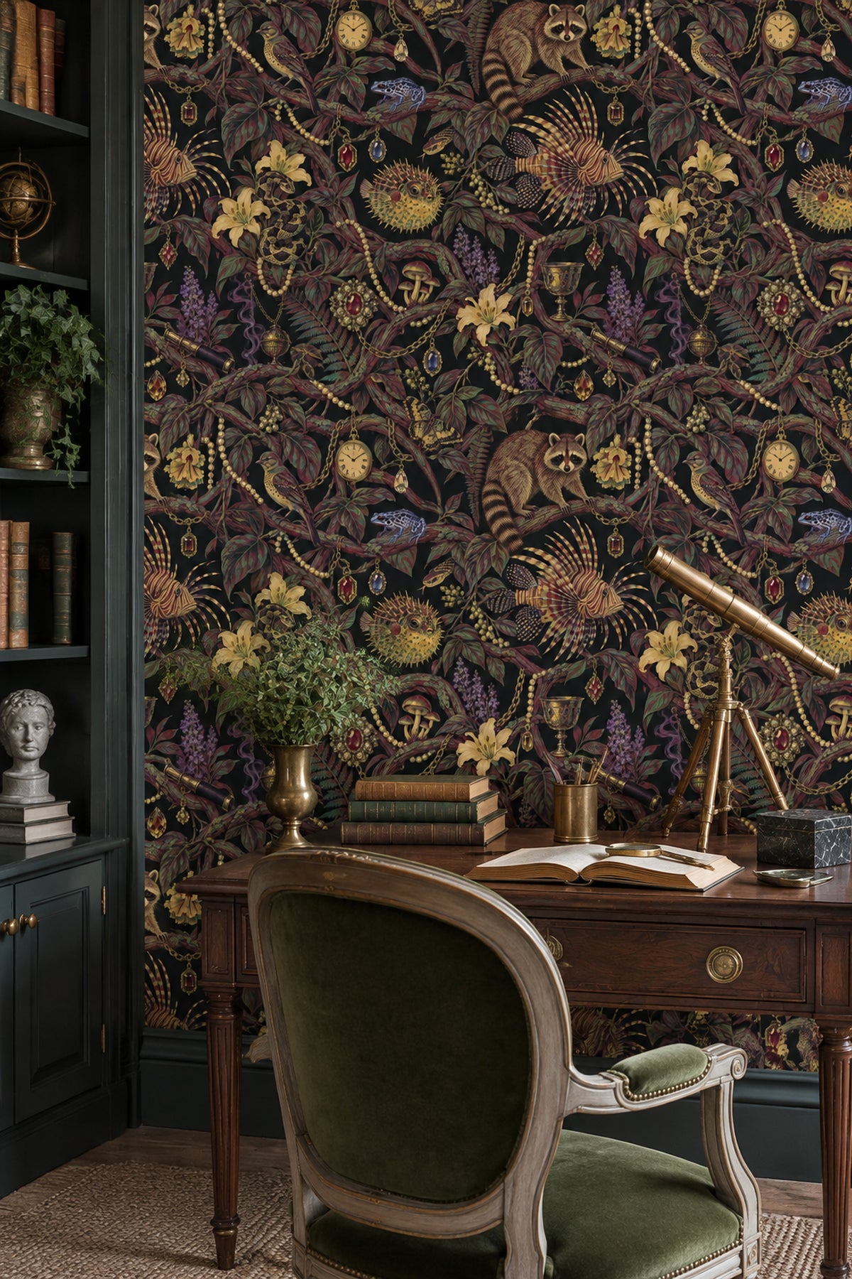 Raccoon And Tropical Animals Wallpaper Maximalist Jewel Tone