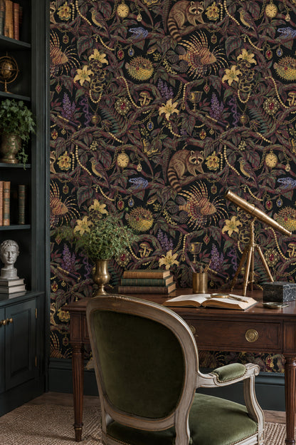 Raccoon And Tropical Animals Wallpaper Maximalist Jewel Tone