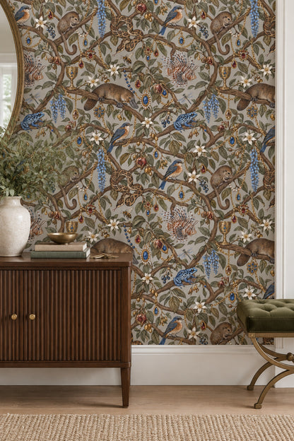 Jungle Vines And Birds Wallpaper Maximalist Muted Green