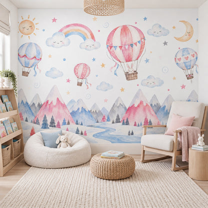 Hot Air Balloons And Sleeping Sun Wallpaper Pastel Nursery Wall Mural