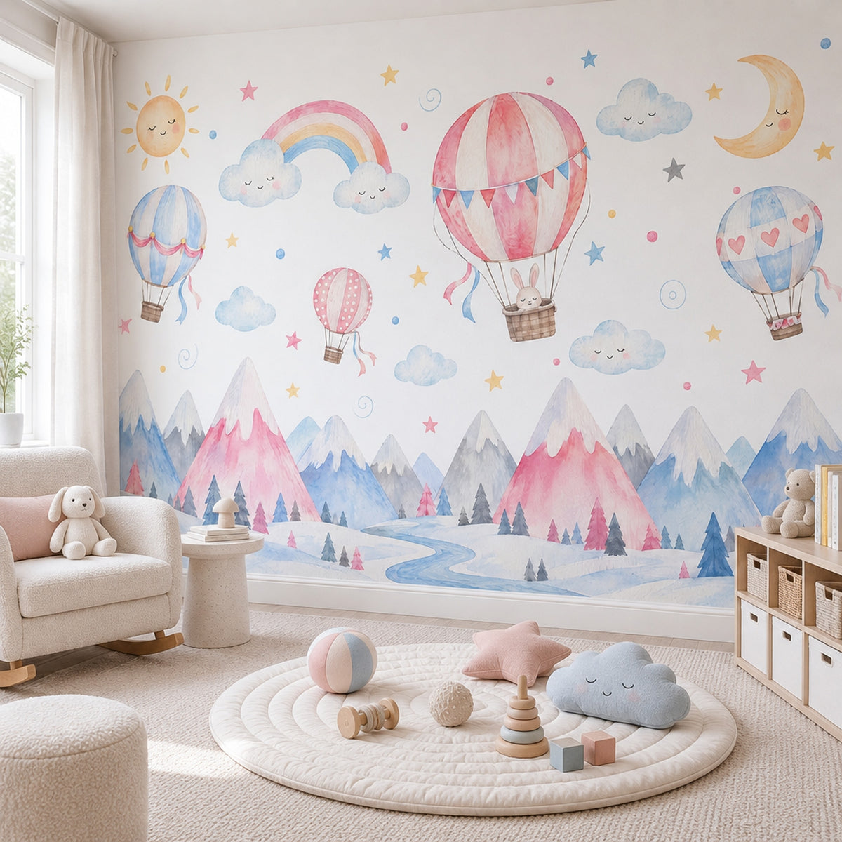 Hot Air Balloons And Sleeping Sun Wallpaper Pastel Nursery Wall Mural
