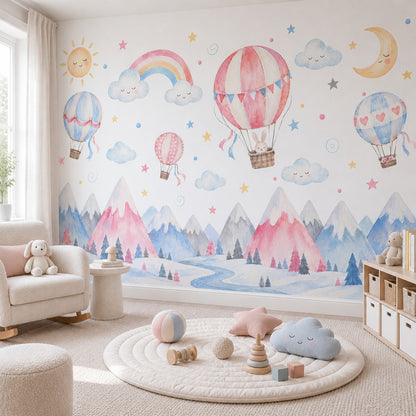 Hot Air Balloons And Sleeping Sun Wallpaper Pastel Nursery Wall Mural
