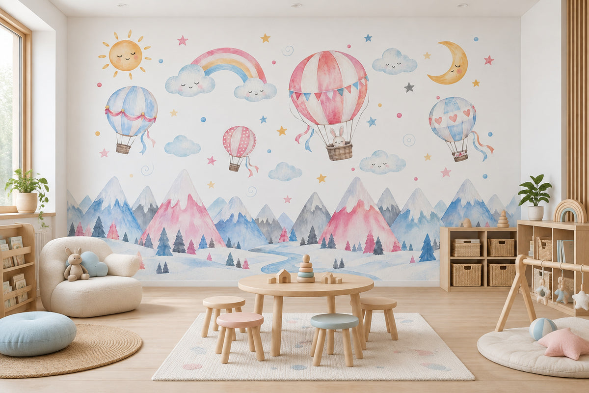 Hot Air Balloons And Sleeping Sun Wallpaper Pastel Nursery Wall Mural
