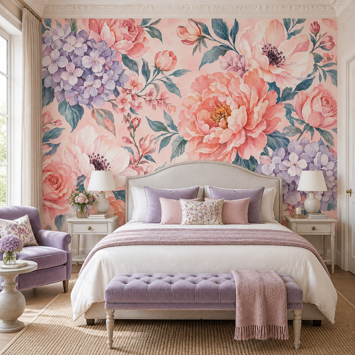 Pink Roses And Hydrangeas Wallpaper Watercolor Floral Wall Mural