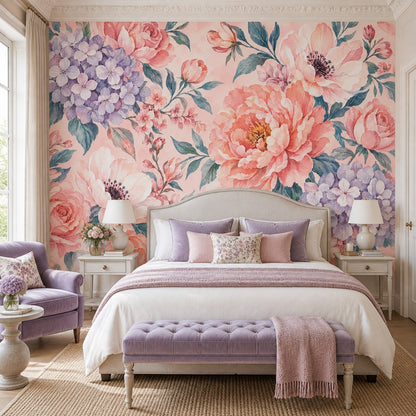 Pink Roses And Hydrangeas Wallpaper Watercolor Floral Wall Mural