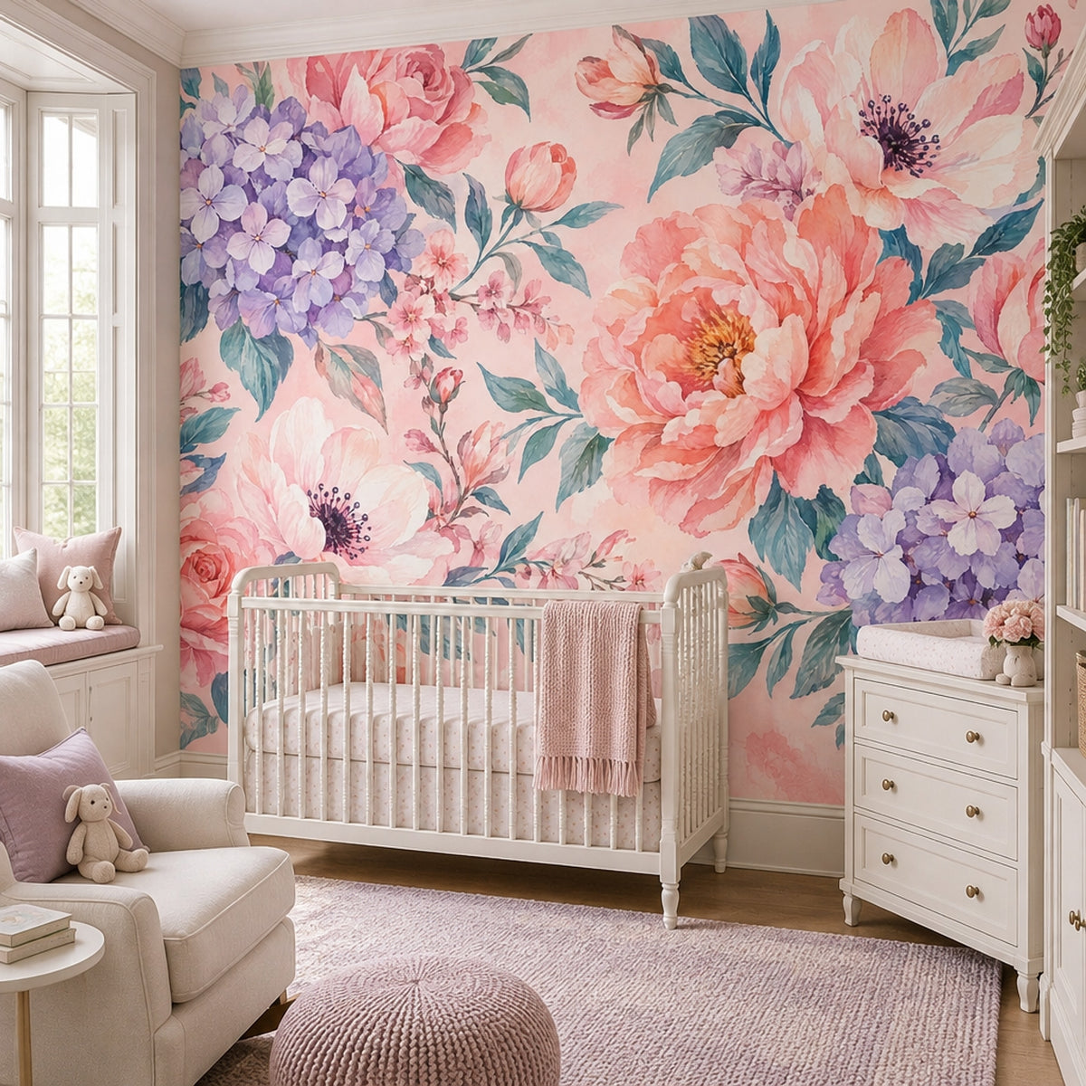 Pink Roses And Hydrangeas Wallpaper Watercolor Floral Wall Mural