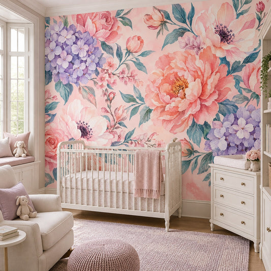 Pink Roses And Hydrangeas Wallpaper Watercolor Floral Wall Mural