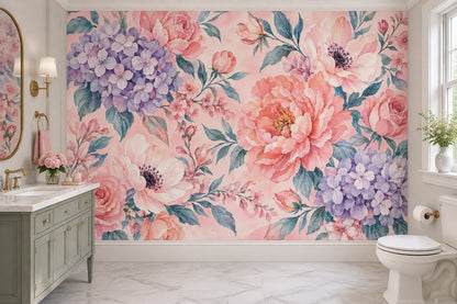 Pink Roses And Hydrangeas Wallpaper Watercolor Floral Wall Mural