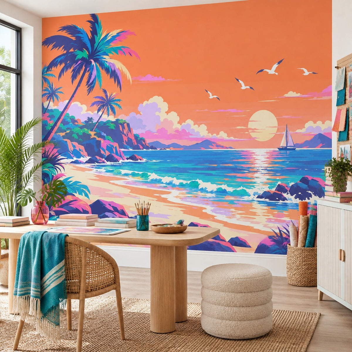 Tropical Beach Sunset Wallpaper Retro Coastal Landscape Wall Mural