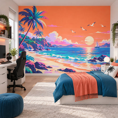 Tropical Beach Sunset Wallpaper Retro Coastal Landscape Wall Mural