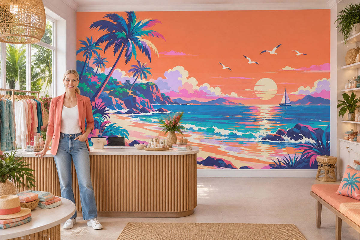 Tropical Beach Sunset Wallpaper Retro Coastal Landscape Wall Mural