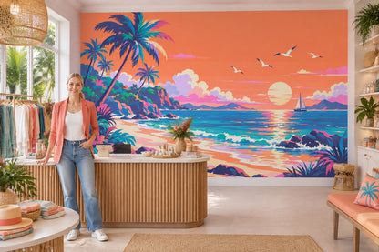 Tropical Beach Sunset Wallpaper Retro Coastal Landscape Wall Mural