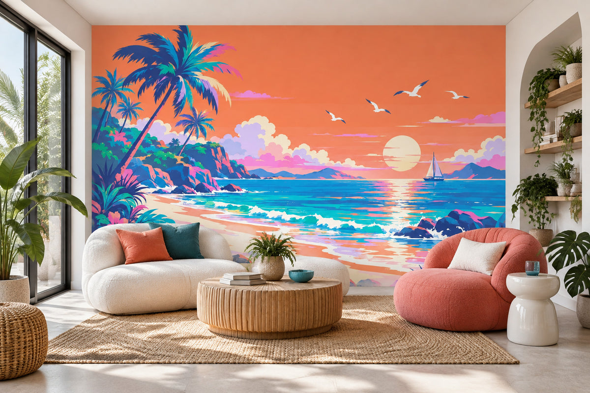 Tropical Beach Sunset Wallpaper Retro Coastal Landscape Wall Mural