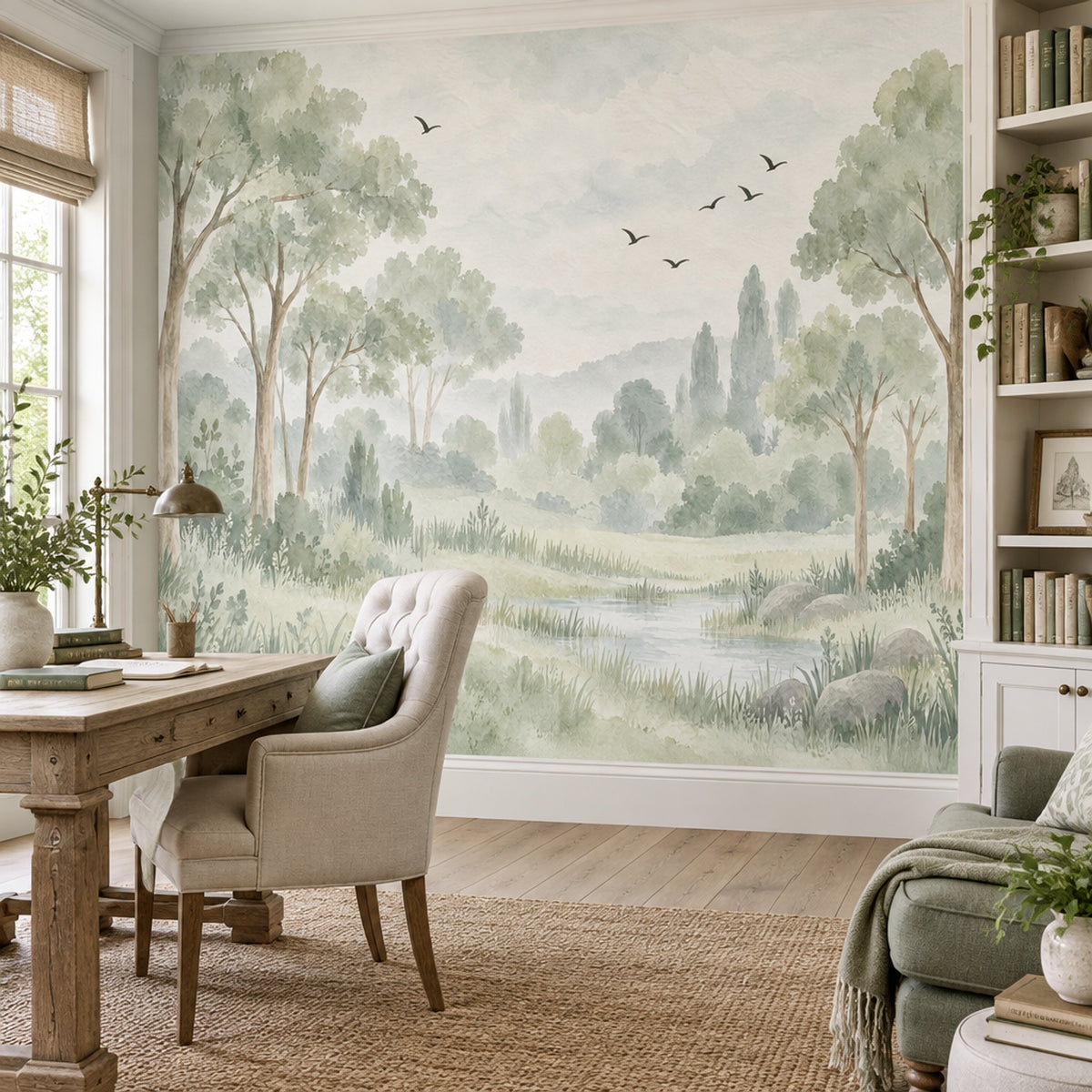 Watercolor Woodland Trees Wallpaper Misty Meadow Wall Mural