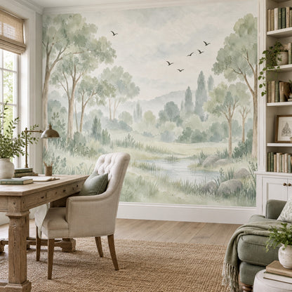 Watercolor Woodland Trees Wallpaper Misty Meadow Wall Mural