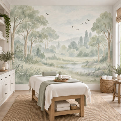 Watercolor Woodland Trees Wallpaper Misty Meadow Wall Mural