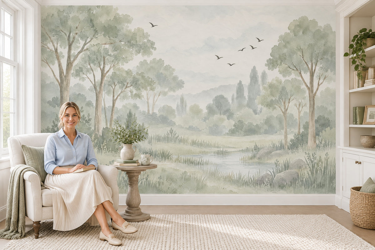 Watercolor Woodland Trees Wallpaper Misty Meadow Wall Mural