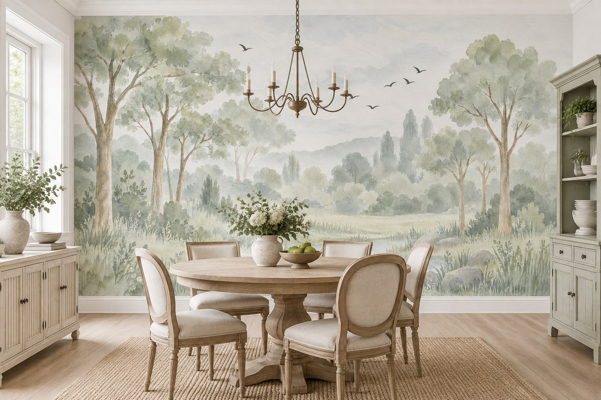Watercolor Woodland Trees Wallpaper Misty Meadow Wall Mural