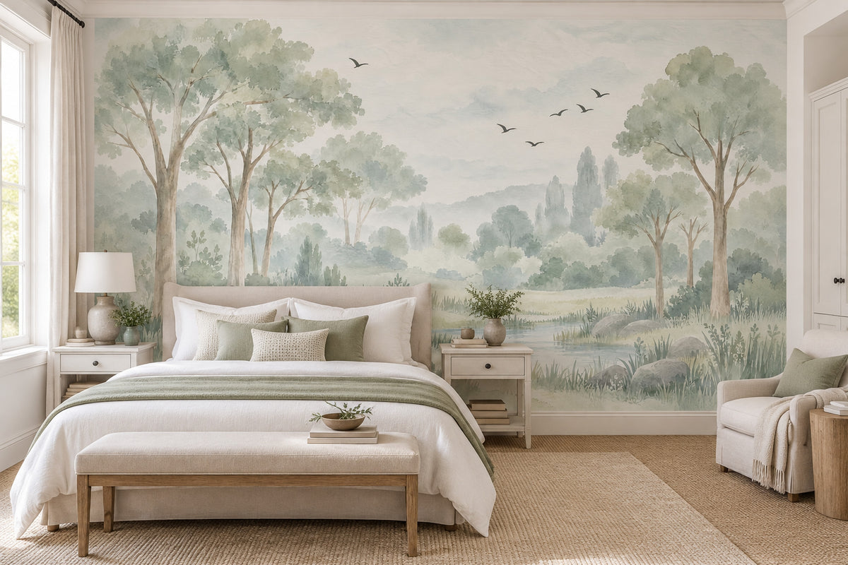 Watercolor Woodland Trees Wallpaper Misty Meadow Wall Mural