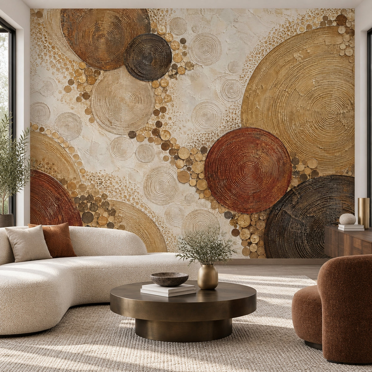 Abstract Concentric Circles Wallpaper Gold Accents Wall Mural