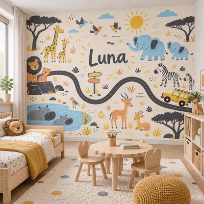 Cute Safari Animals Wallpaper Personalized Name Wall Mural