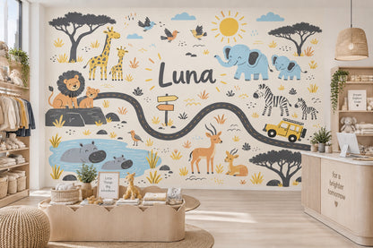 Cute Safari Animals Wallpaper Personalized Name Wall Mural