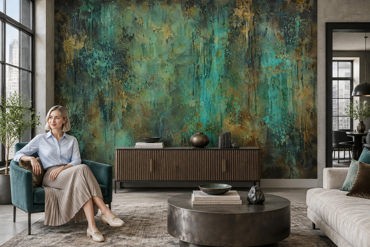 Aged Plaster Texture Wallpaper Muted Green Industrial Wall Mural