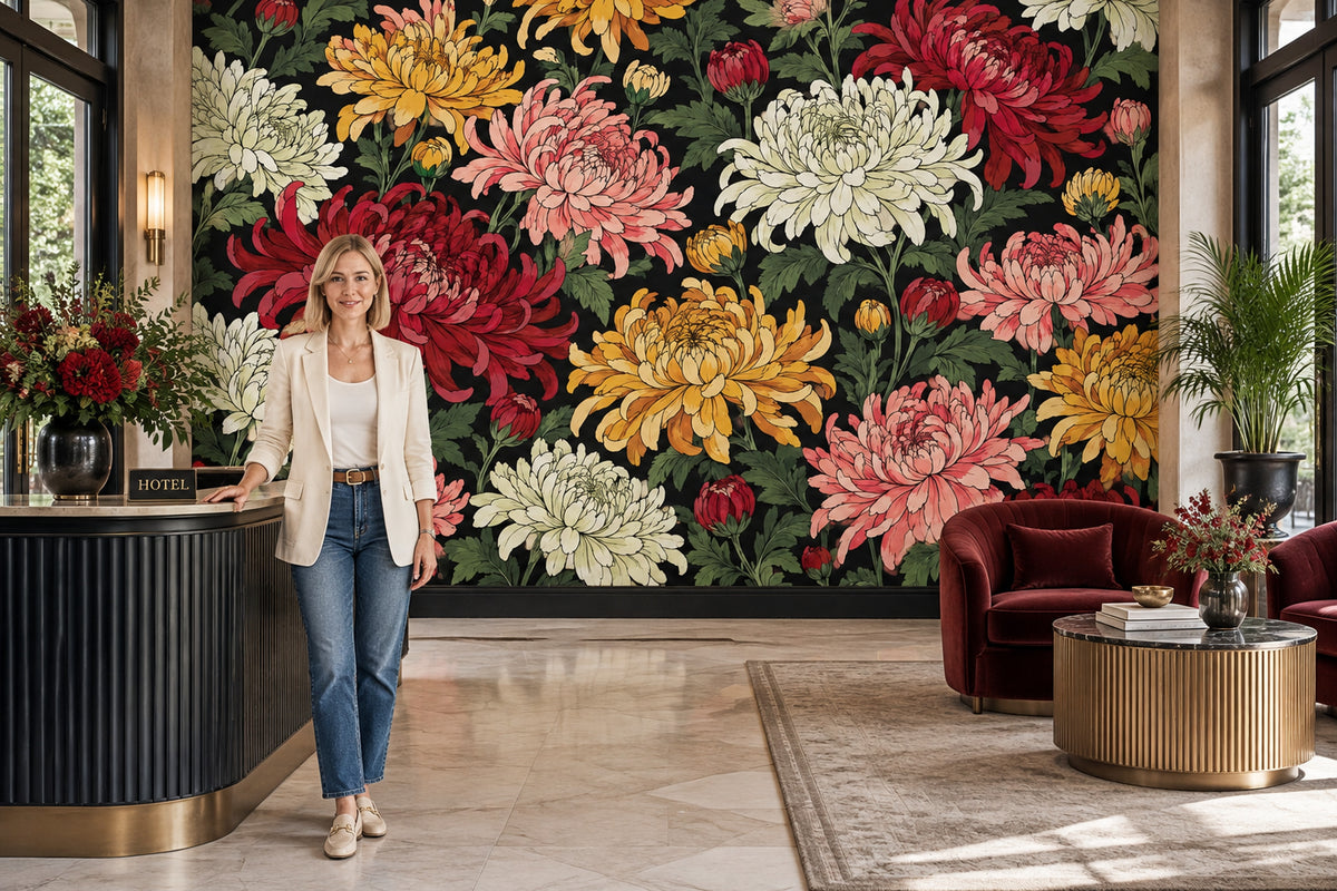 Chrysanthemum Flowers Wallpaper Dark Floral Wall Mural