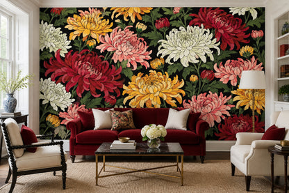 Chrysanthemum Flowers Wallpaper Dark Floral Wall Mural
