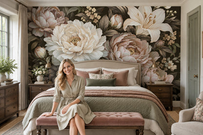 Peony And Lily Bouquet Wallpaper Dark Floral Wall Mural