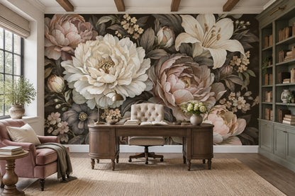 Peony And Lily Bouquet Wallpaper Dark Floral Wall Mural