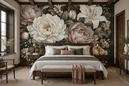 Peony And Lily Bouquet Wallpaper Dark Floral Wall Mural