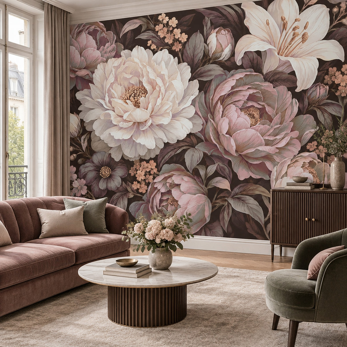 Vintage Peony And Lily Wallpaper Dark Floral Wall Mural