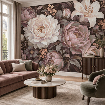 Vintage Peony And Lily Wallpaper Dark Floral Wall Mural