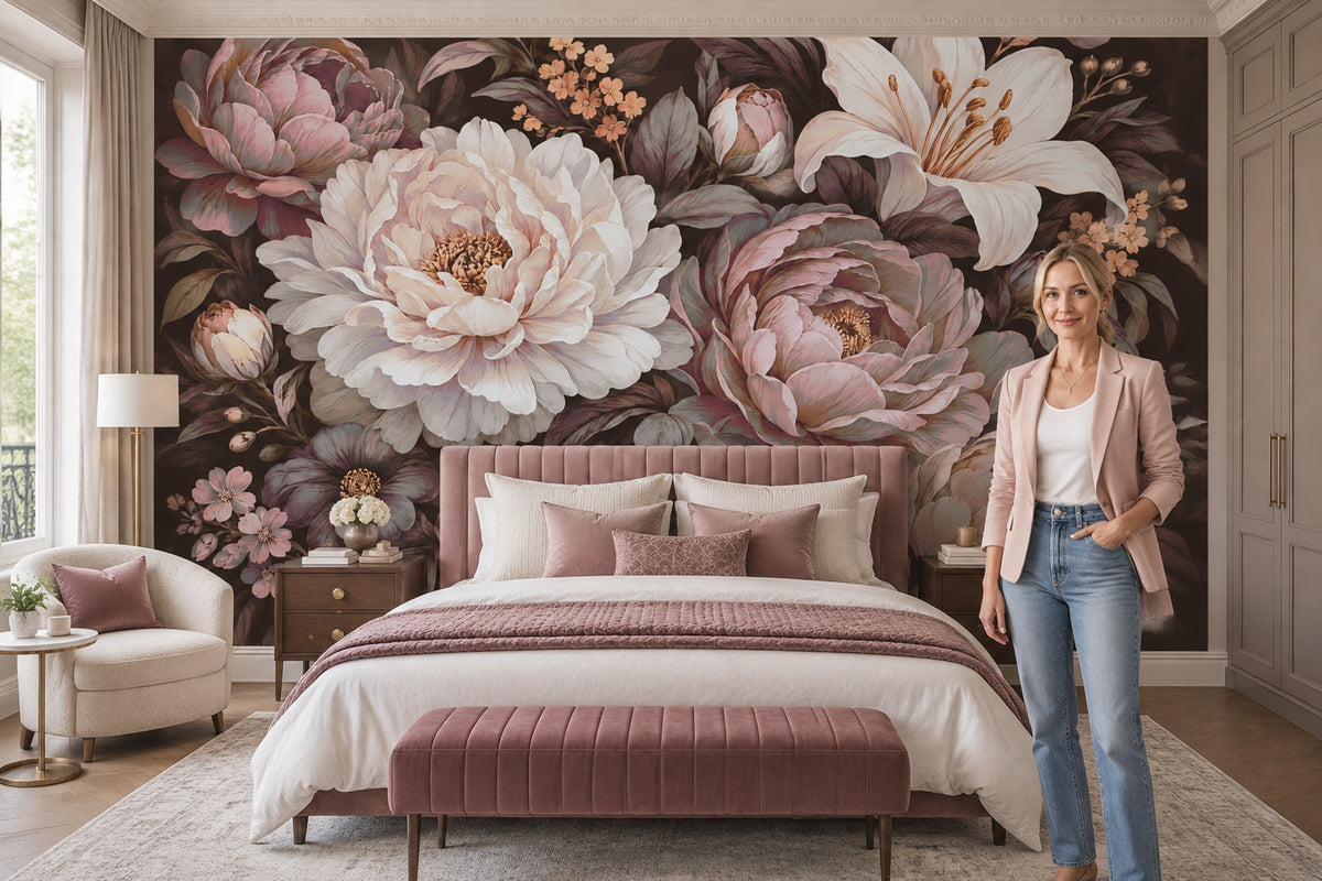 Vintage Peony And Lily Wallpaper Dark Floral Wall Mural