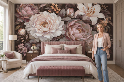 Vintage Peony And Lily Wallpaper Dark Floral Wall Mural