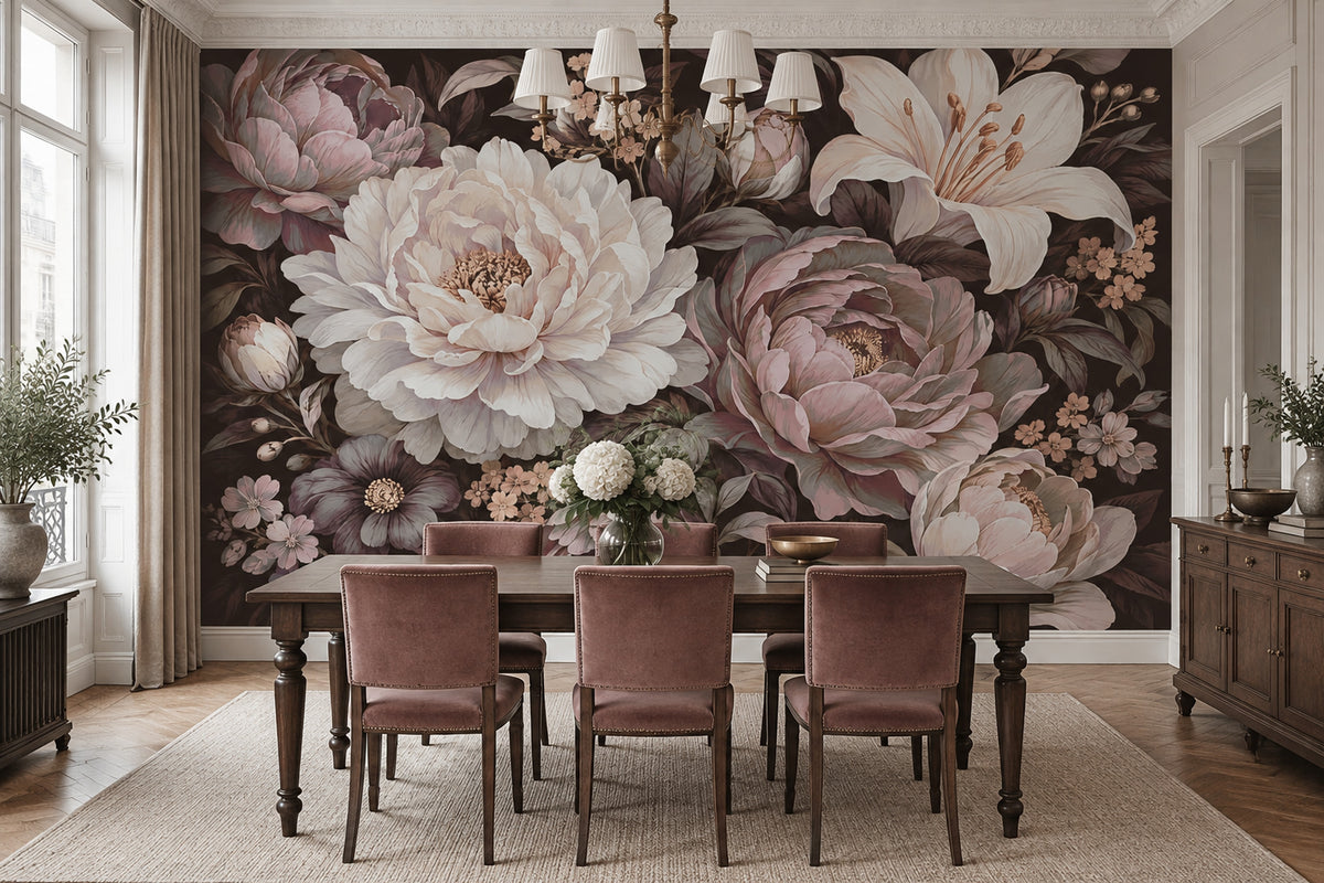Vintage Peony And Lily Wallpaper Dark Floral Wall Mural