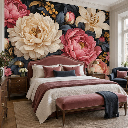 Peony And Lily Blooms Wallpaper Dark Floral Wall Mural