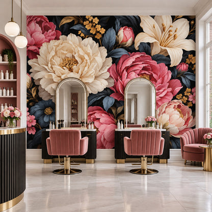 Peony And Lily Blooms Wallpaper Dark Floral Wall Mural