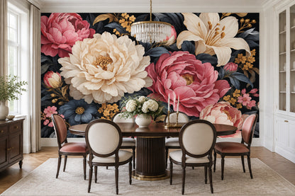 Peony And Lily Blooms Wallpaper Dark Floral Wall Mural