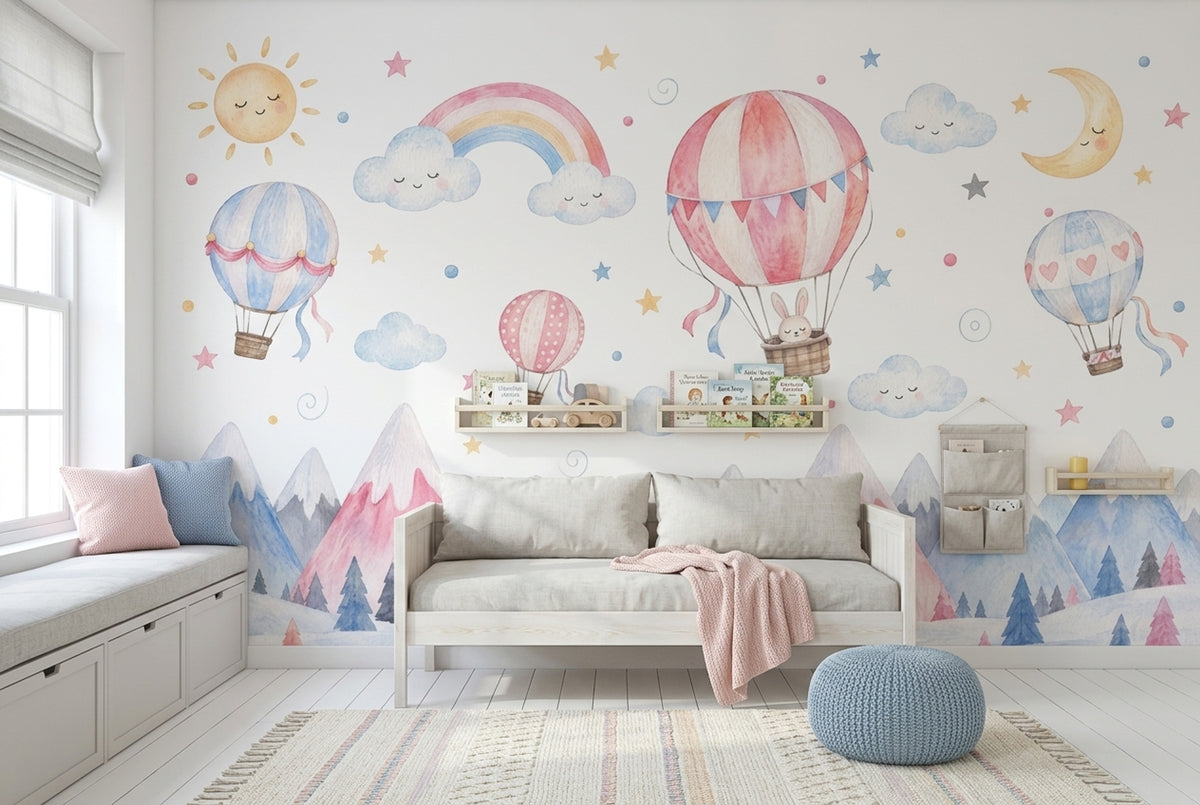 Hot Air Balloons And Sleeping Sun Wallpaper Pastel Nursery Wall Mural