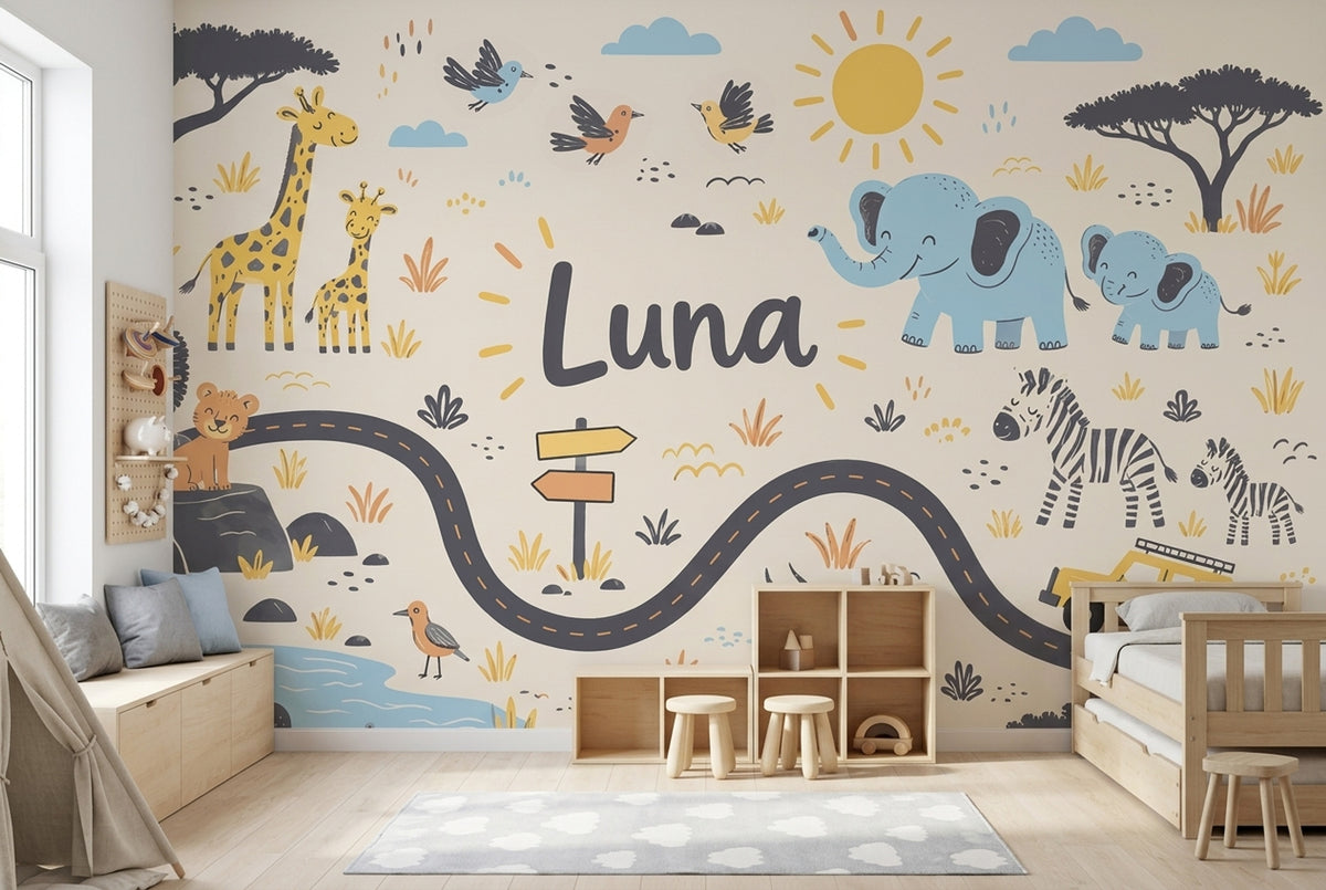 Cute Safari Animals Wallpaper Personalized Name Wall Mural