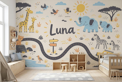 Cute Safari Animals Wallpaper Personalized Name Wall Mural