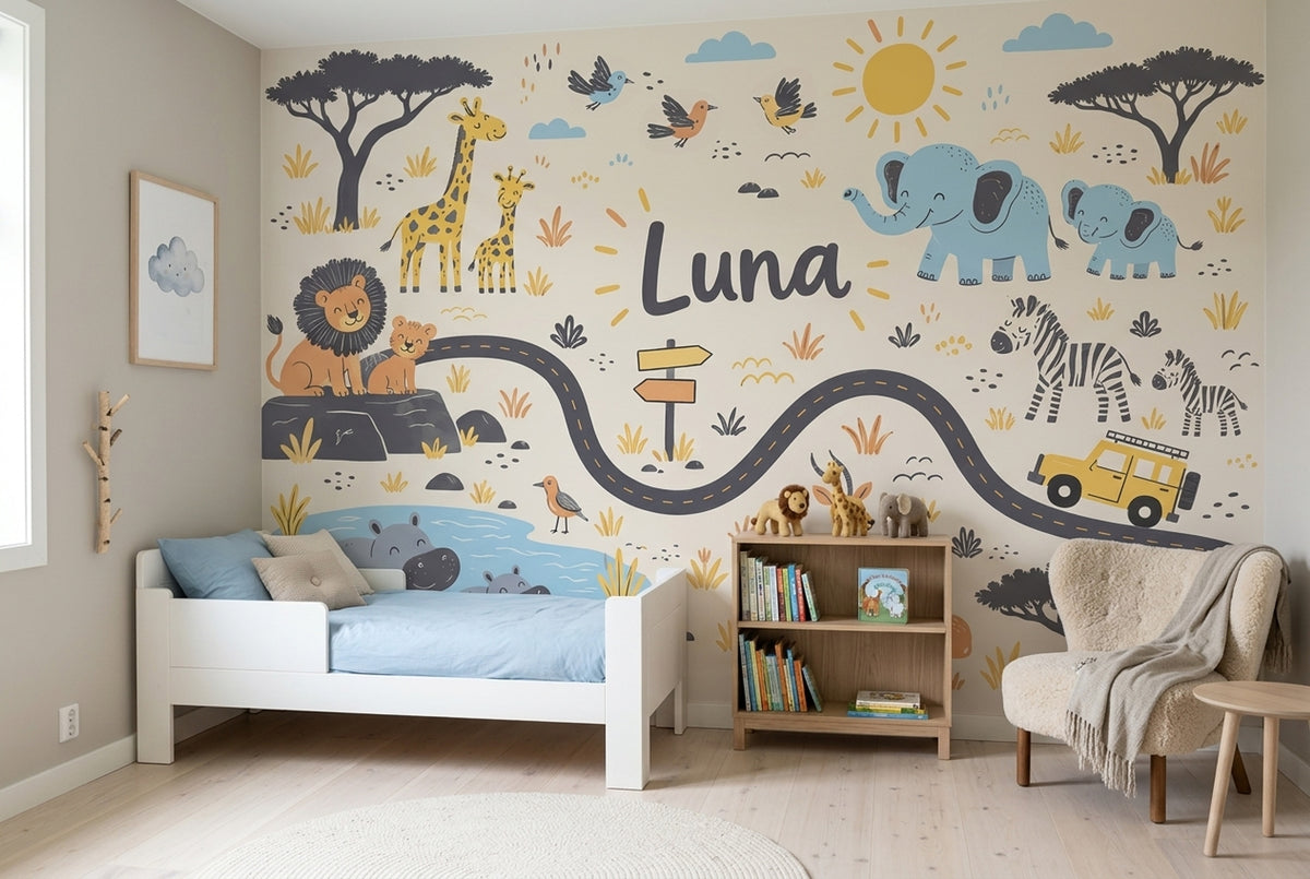 Cute Safari Animals Wallpaper Personalized Name Wall Mural