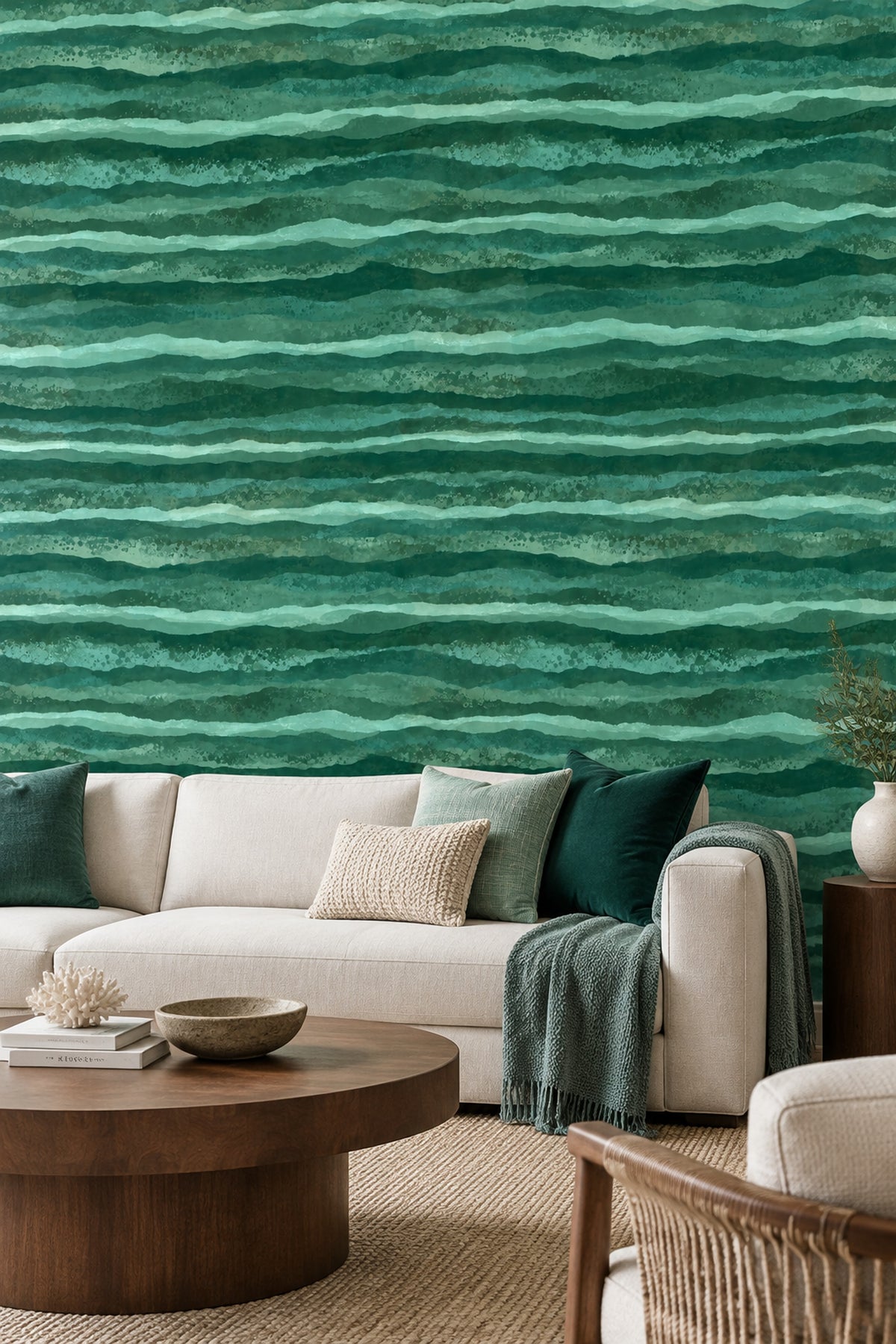 Abstract Green Watercolor Waves Wallpaper Wavy Stripes