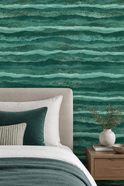 Abstract Green Watercolor Waves Wallpaper Wavy Stripes